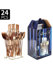 Huitich 24-piece dinnerware set with stand in rose gold stainless steel flatware and cutlery