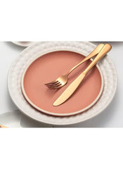Huitich 24-piece dinnerware set with stand featuring a pink plate and golden fork and knife on white plate