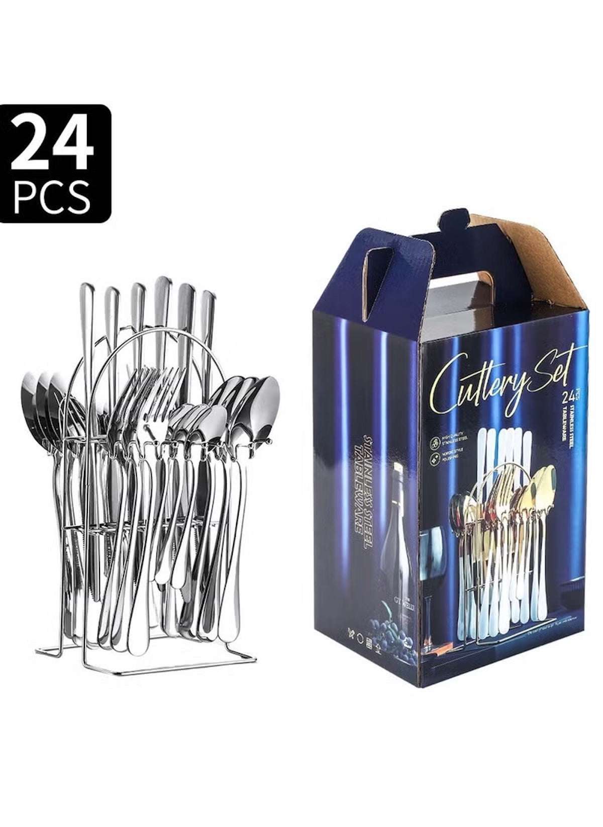 Huitich 24-piece dinnerware set with stand includes forks spoons and knives in metal holder