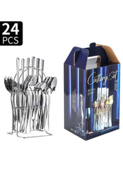 Huitich 24-piece dinnerware set with stand includes forks spoons and knives in metal holder