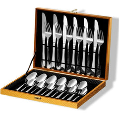 Huitich 24 piece stainless steel flatware set with knives, forks, and spoons in an elegant storage case