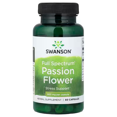 Swanson Full Spectrum Passion Flower supplement bottle, green glass, black cap, 60 capsules