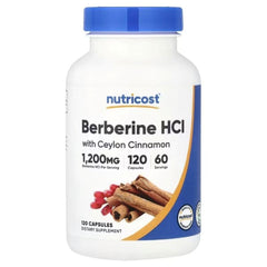 Nutricost Berberine HCl supplement bottle with Ceylon cinnamon, 120 capsules, blue cap