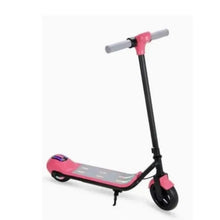 Pink and black folding kids scooter, side view of deck and wheels