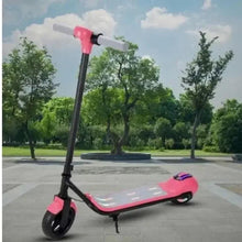 Pink and black folding kids scooter with foot deck and handlebar