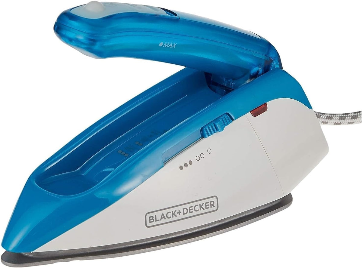 Blue steam iron on side view with vents and BLACK+DECKER logo