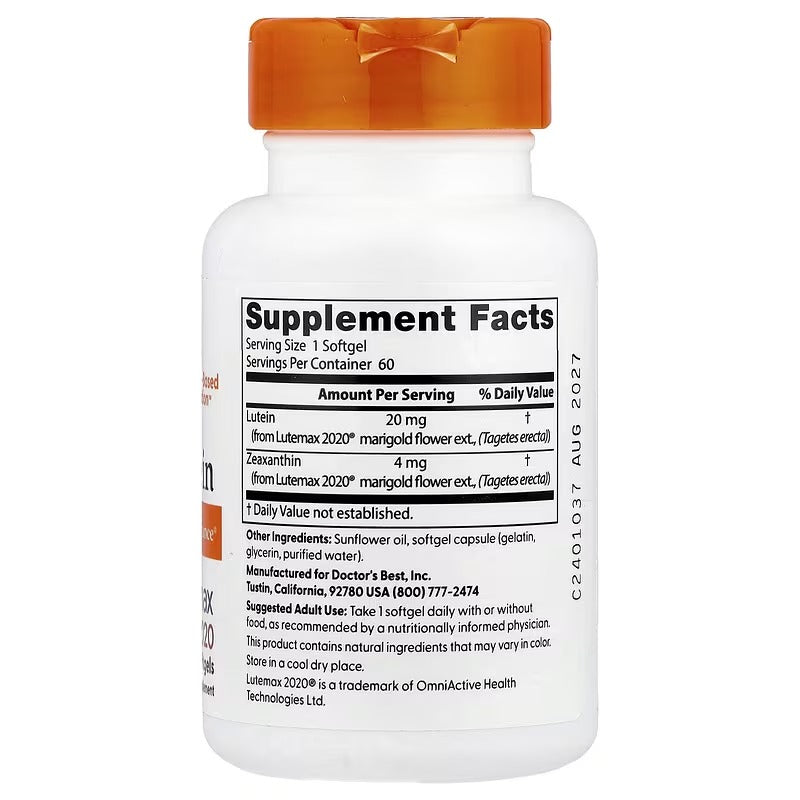 Lutein supplement bottle back panel with Supplement Facts and ingredients
