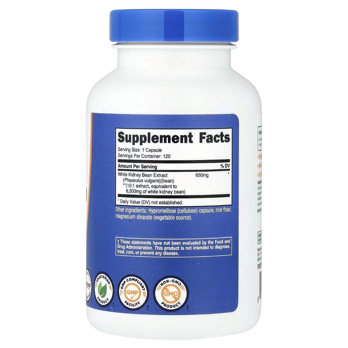 Supplement bottle back label with blue Supplement Facts panel and icons