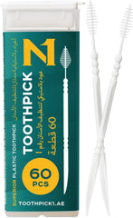 N1 Toothpick Interdental Cleaning Picks 60 Pcs, 2-in-1 Dental Toothpick with Plyalene Bristles, Flexible Oral Care Sticks for Plaque & Food Removal, Gentle on Gums, for Braces & Dentures