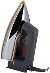 Electric dry iron, side view with thermostat dial and indicator light on dark body