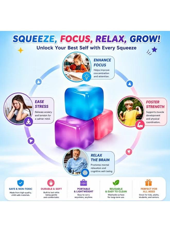 Stacked sensory cube stress toys in blue, purple, and pink