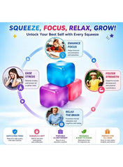 Stacked sensory cube stress toys in blue, purple, and pink