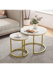 Round Coffee Table with Marble Pattern Top & Adjustable Non-Slip Feet – Industrial Side Table (White + Gold, 27.6 in)