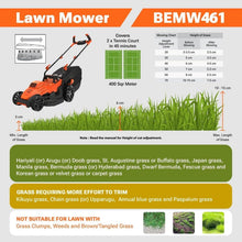Orange and black electric lawn mower with wheels and bike-style handle