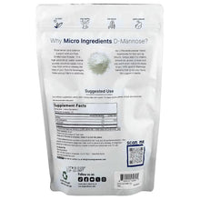 D-mannose powder supplement pouch, back panel with Supplement Facts and QR code