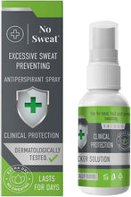 Antiperspirant spray bottle with white pump and green label, clinical protection shield