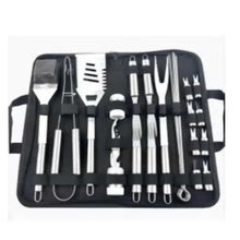 Stainless steel BBQ tool set in black zip bag with multiple grilling utensils