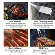 BBQ tools set with grill skewers, cleaning brush, corn holders, and BBQ fork
