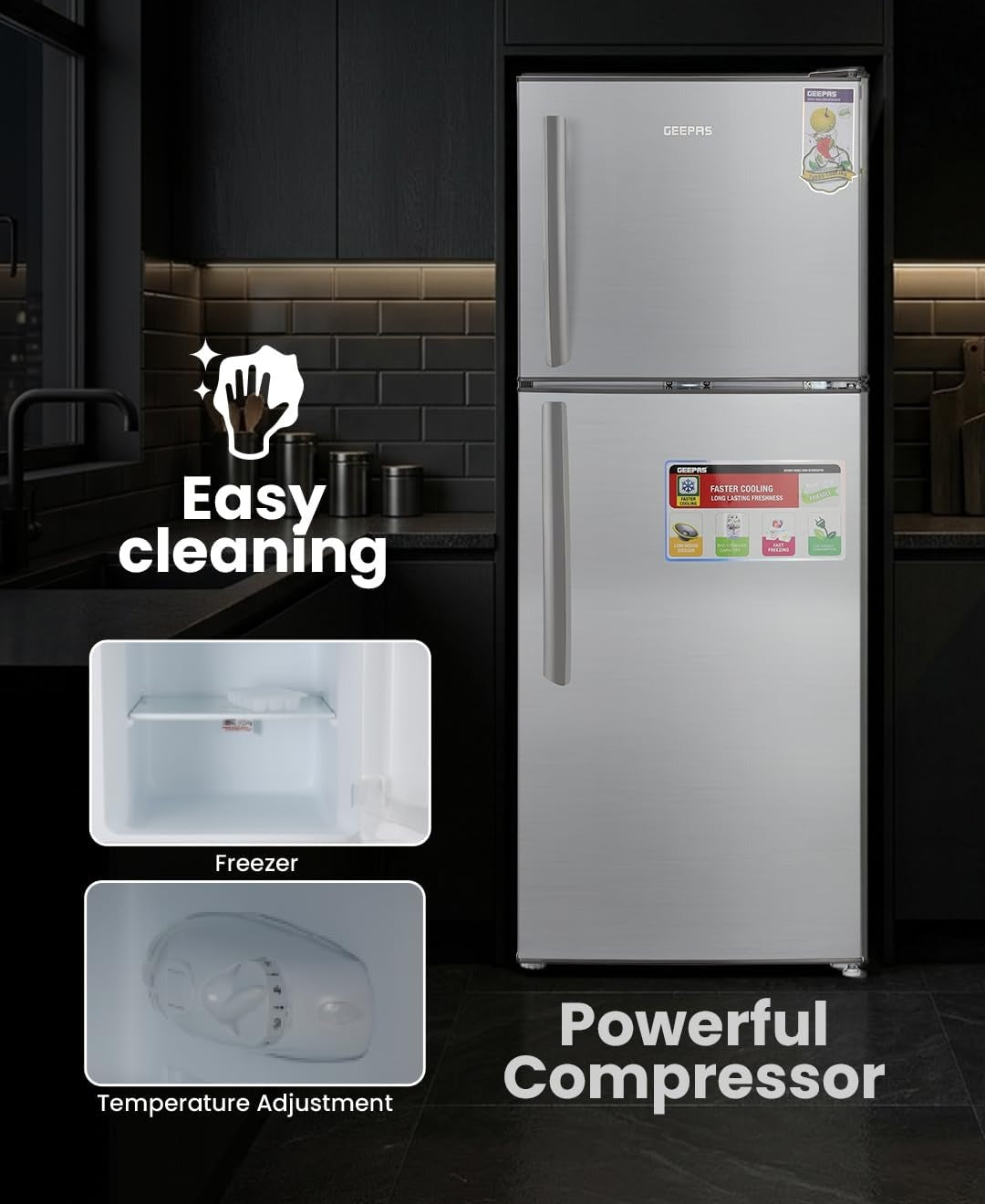 Silver double-door refrigerator with long grip handles, front view.