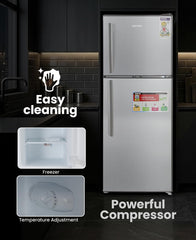 Silver double-door refrigerator with long grip handles, front view.