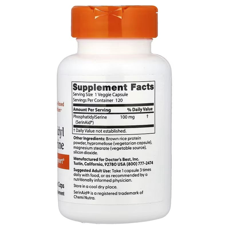 Phosphatidyl Serine supplement bottle with orange cap, Supplement Facts label panel