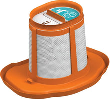 Close-up cylindrical hand vacuum filter with perforated white mesh cartridge and orange rim
