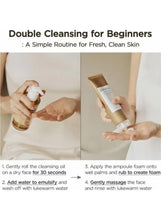 Double cleansing routine guide with cleanser bottles and step-by-step instructions