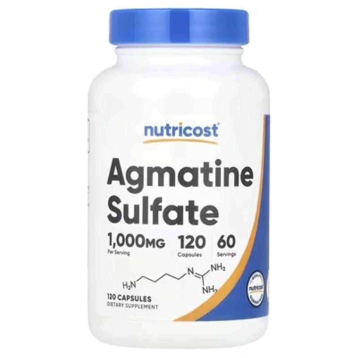 Nutricost agmatine sulfate supplement bottle with blue cap, 120 capsules label