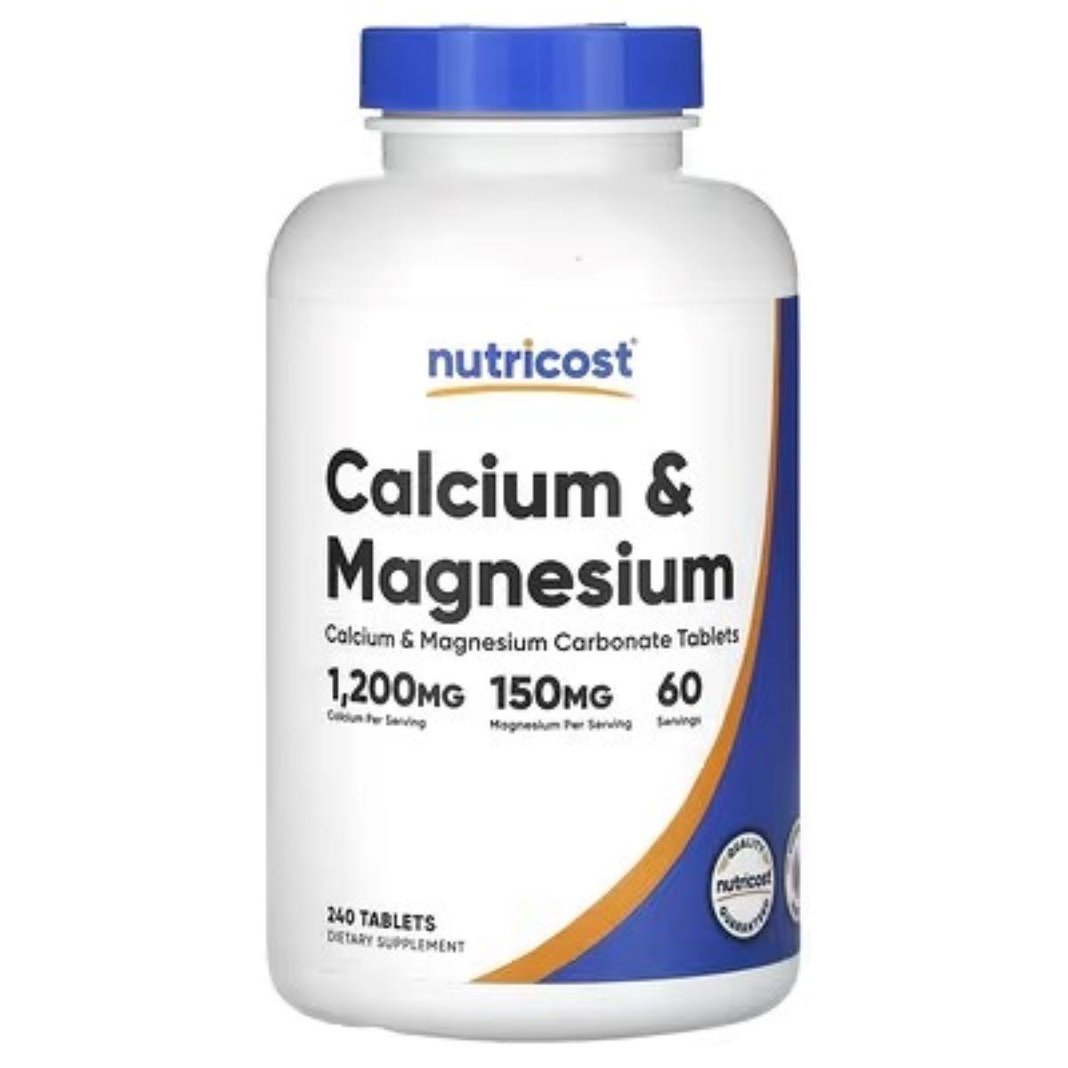 Calcium & Magnesium supplement bottle with blue cap, front label, 240 tablets