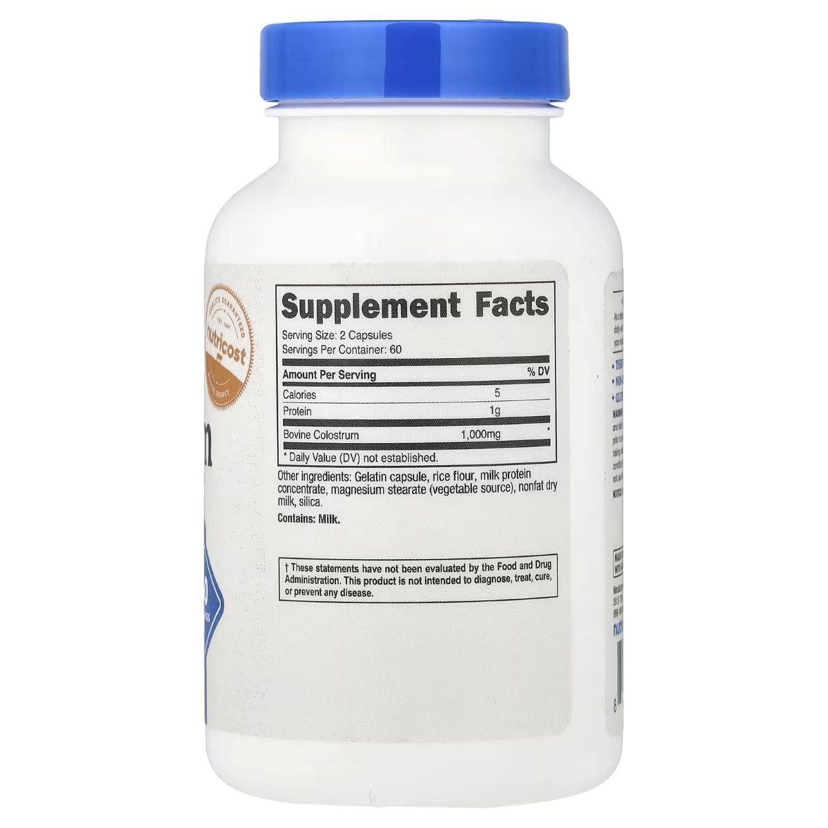 Nutricost colostrum supplement bottle with back label; Supplement Facts panel