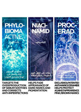 Active ingredient panels for acne treatment cream: Phylobioma, Niacinamid, Procerad