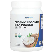 Organic unflavored coconut milk powder in white plastic jar, Nutricost label