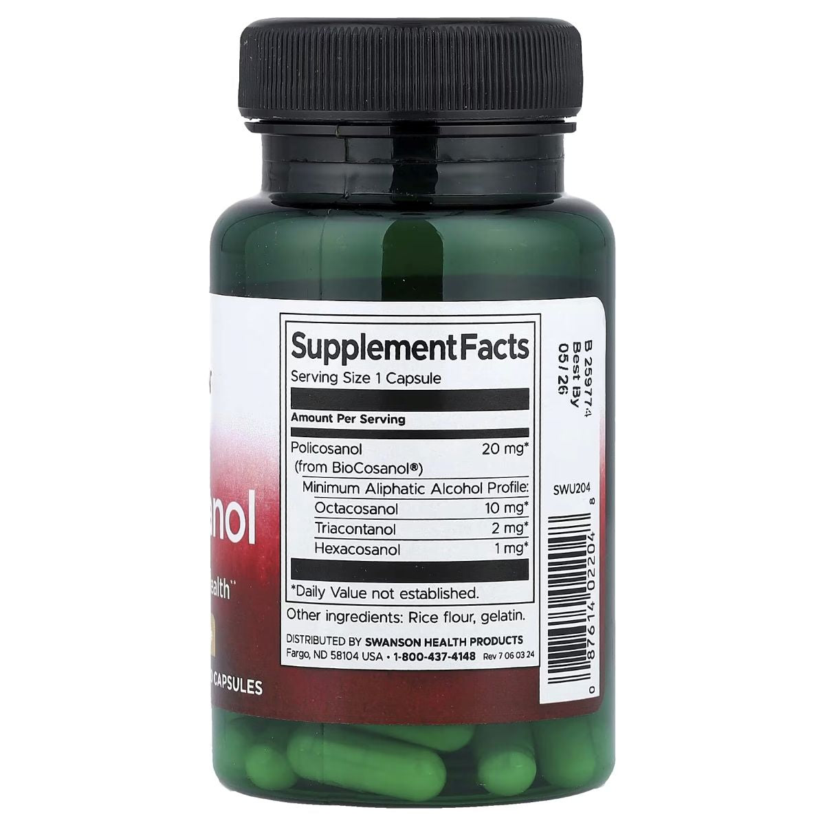 Policosanol supplement bottle with Supplement Facts label and capsule serving details