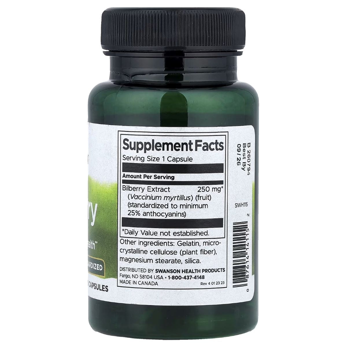 Swanson Bilberry supplement facts label on green bottle with black cap