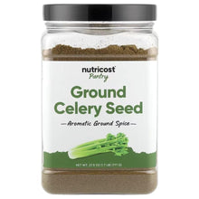 Ground celery seed powder jar with front label and green accent, black lid
