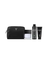 Men’s Guess fragrance gift set: black zip pouch, square EDT bottle, spray and tube