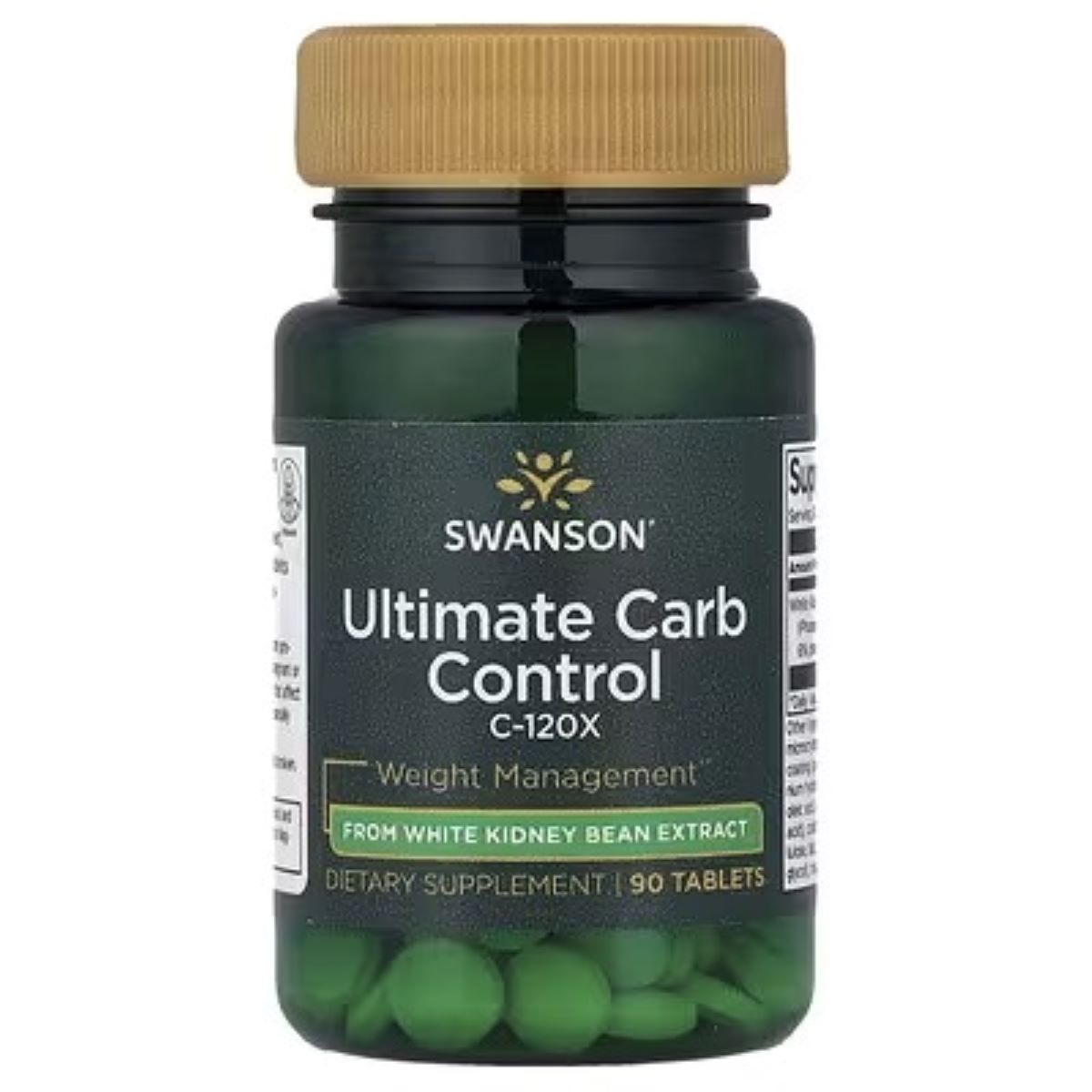 Swanson Ultimate Carb Control bottle with brown cap and green tablets; weight label
