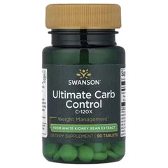 Swanson Ultimate Carb Control bottle with brown cap and green tablets; weight label