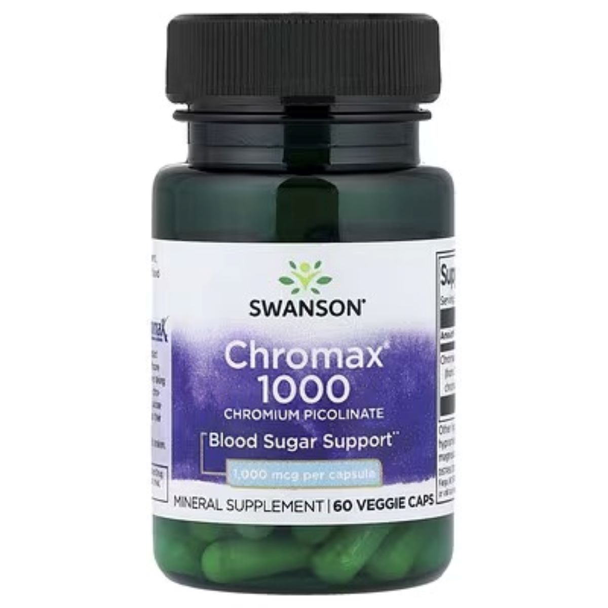 Swanson Chromax 1000 Blood Sugar Support label on green bottle of veggie capsules