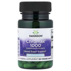 Swanson Chromax 1000 Blood Sugar Support label on green bottle of veggie capsules