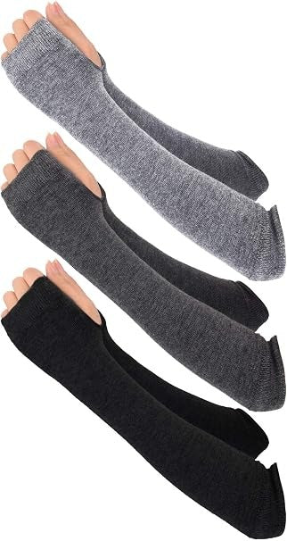 3 Pairs Women’s Long Fingerless Gloves, Knit Stretchy Arm Warmers with Thumb Hole, Elbow Length Arm Sleeves for Unisex, Warm Outdoor Use, Goth Style, (Black, Dark Gray, Light Gray)