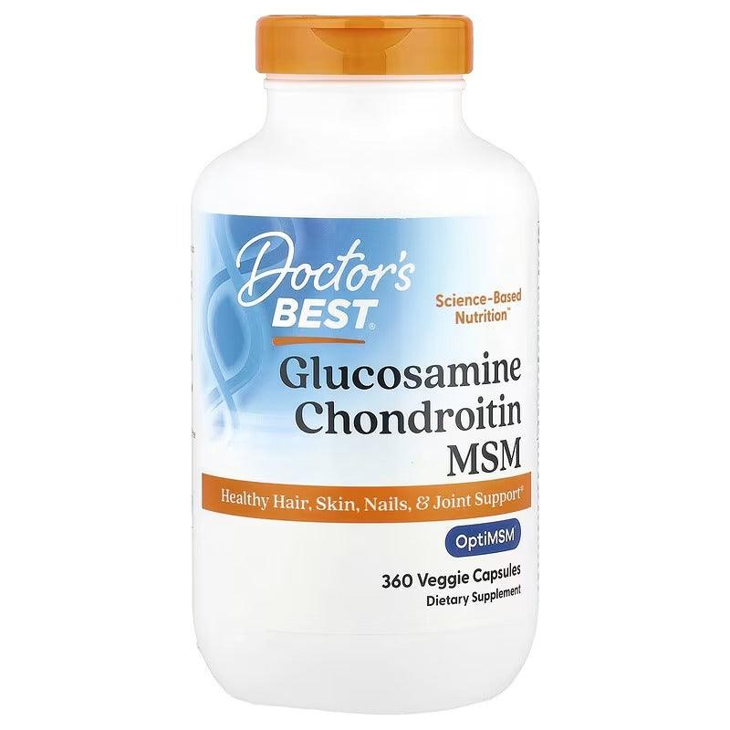 Glucosamine chondroitin MSM supplement bottle with orange cap, 360 veggie capsules