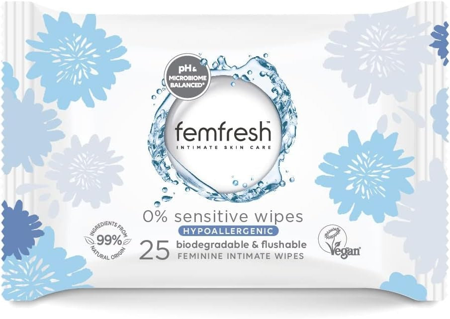 Femfresh 0% Sensitive Intimate Wipes, Biodegradable & Flushable, Made of 100% Plant Sourced Fibers, Fragrance & Soap Free, Unscented, Vegan, pH Balanced, Hypoallergenic Skin Care, Pack of 25