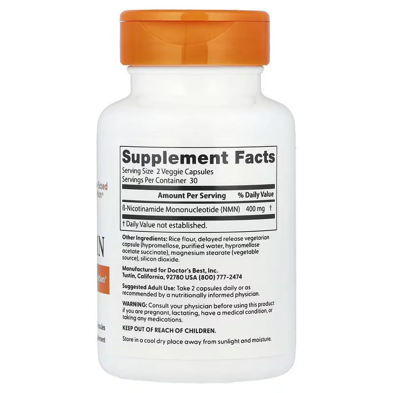 NMN delayed release supplement bottle back label with Supplement Facts and orange cap