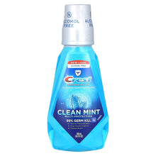 Alcohol-free clean mint mouthwash bottle with blue liquid and front label