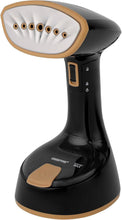 Handheld garment steamer, black with gold accents and multi-hole stainless steel head