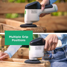 Cordless hand sander with black top, white body, and square sanding pad for wood