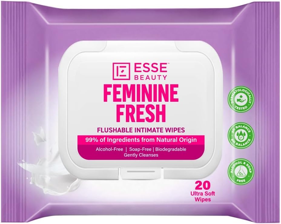 Feminine Fresh Intimate Wipes, 20 Count, For Sensitive Skin, With Natural Origin, Aloe & Chamomile, Alcohol-Free, Flushable, Biodegradable Wipes