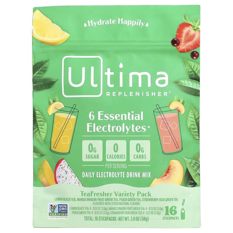 Green Ultima Replenisher Tea Fresher variety pack box, 16 electrolyte stickpacks
