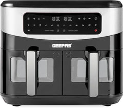 Geepas 9L Dual Basket Air Fryer with Vortex – Family-Sized 10-in-1 Digital Convection Air Fryer with LED Touchscreen, 60 Minutes Timer & Non-Stick Baskets – Oil Free Toaster Oven | 2 Years Warranty